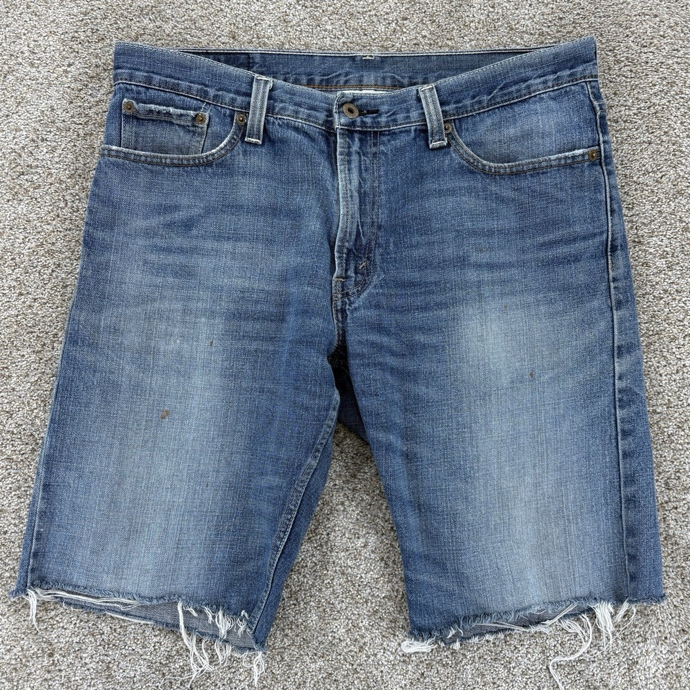 Levis 514 Cut‎ Off Shorts Mens 34 x 11" Blue Slim Fit Work Worn Denim Jorts Y2K